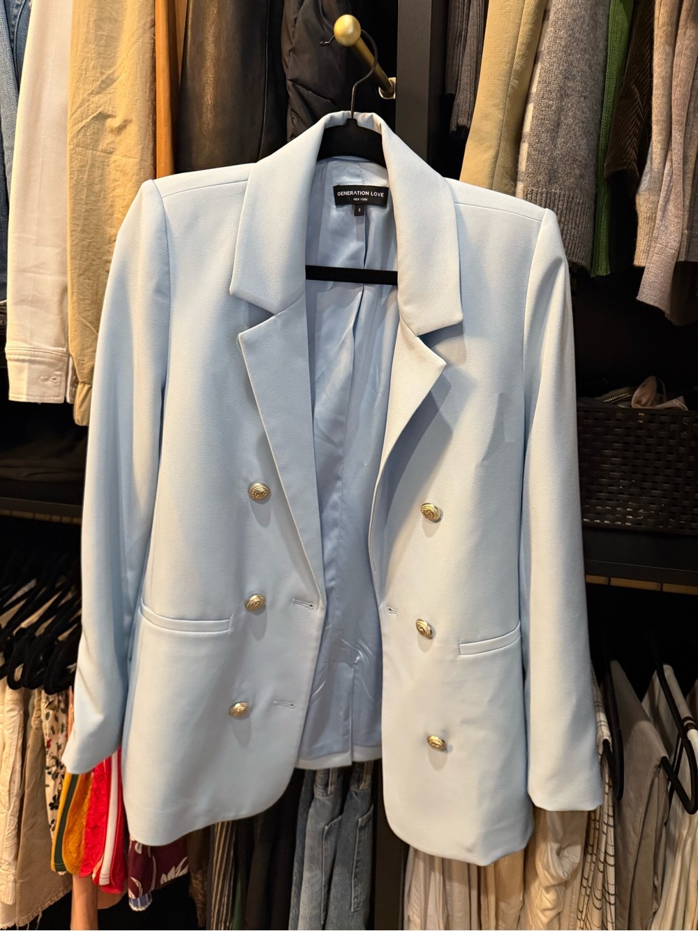 Generation Love Light Blue Double-Breasted Blazer with Gold Buttons